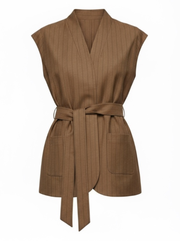 Payne Belted Vest in Truffle Stripe, showcasing a relaxed yet refined silhouette with a shawl collar and extended shoulders.