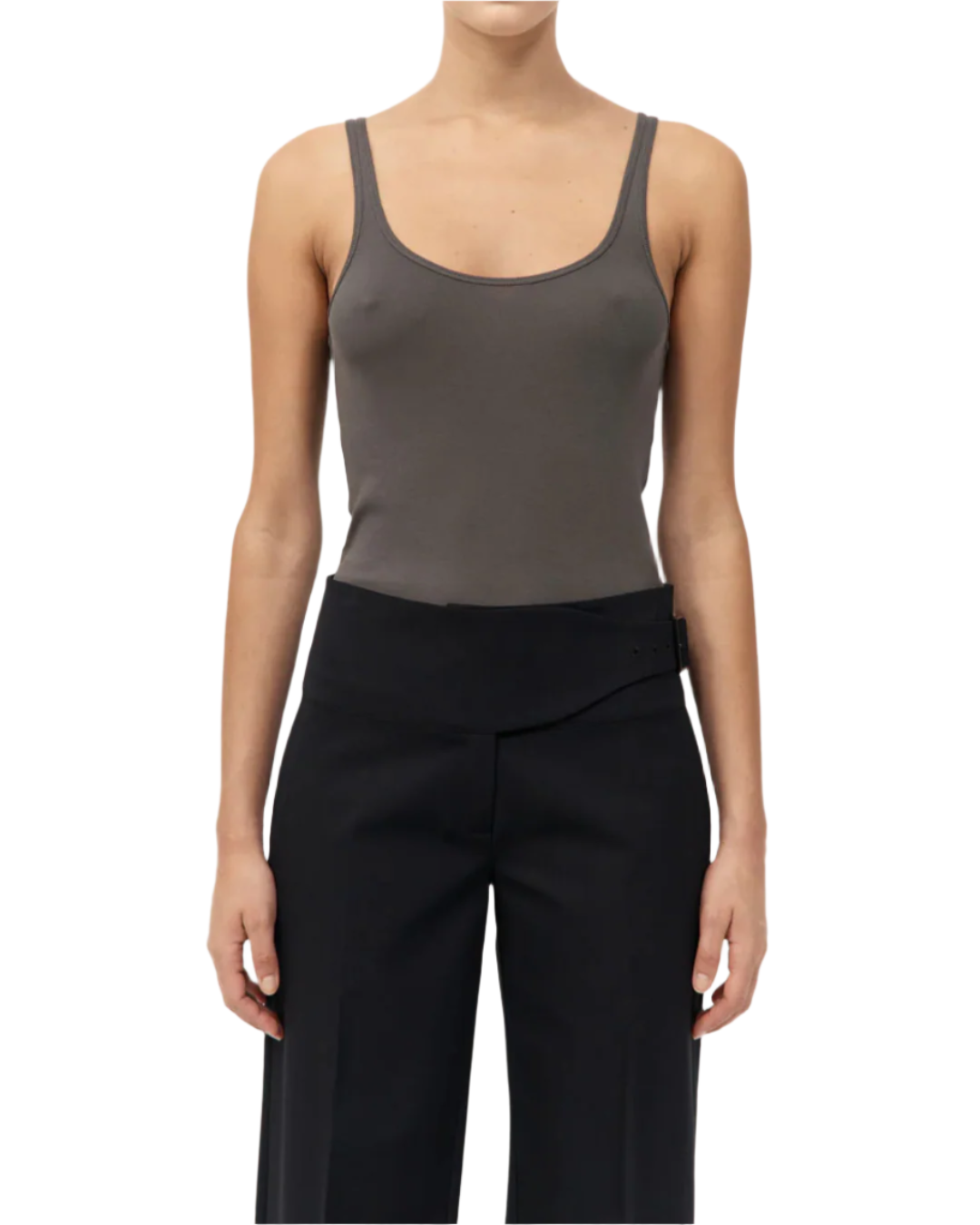 St. Agni Organic Cotton Slim Scoop Tank in Khaki displayed on a wooden background, emphasizing its natural and stylish appeal as a classic slim scoop tank.
