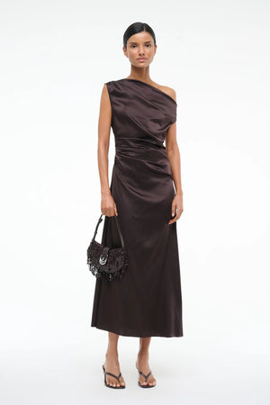 Back view of the Staud Phare Dress in Earth, showcasing the stunning fit and fabric detail.