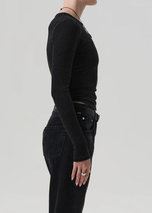 Bina Crewneck in Heather Charcoal styled with denim, perfect for layering or wearing solo.