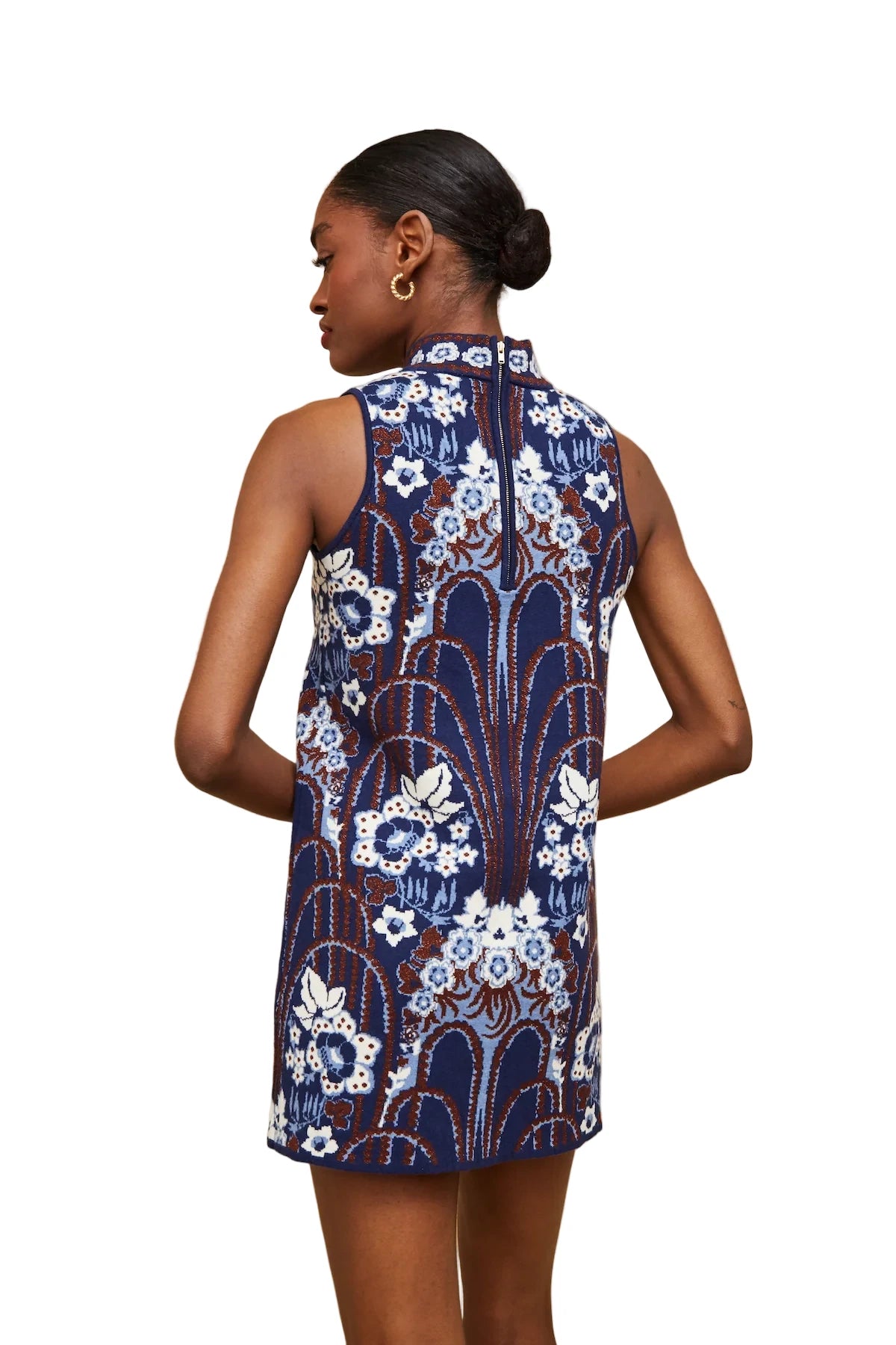 Full-body shot of the Ayla Mini Dress in Fontaine Navy by Cara Cara, highlighting its chic silhouette and luxe fabric.