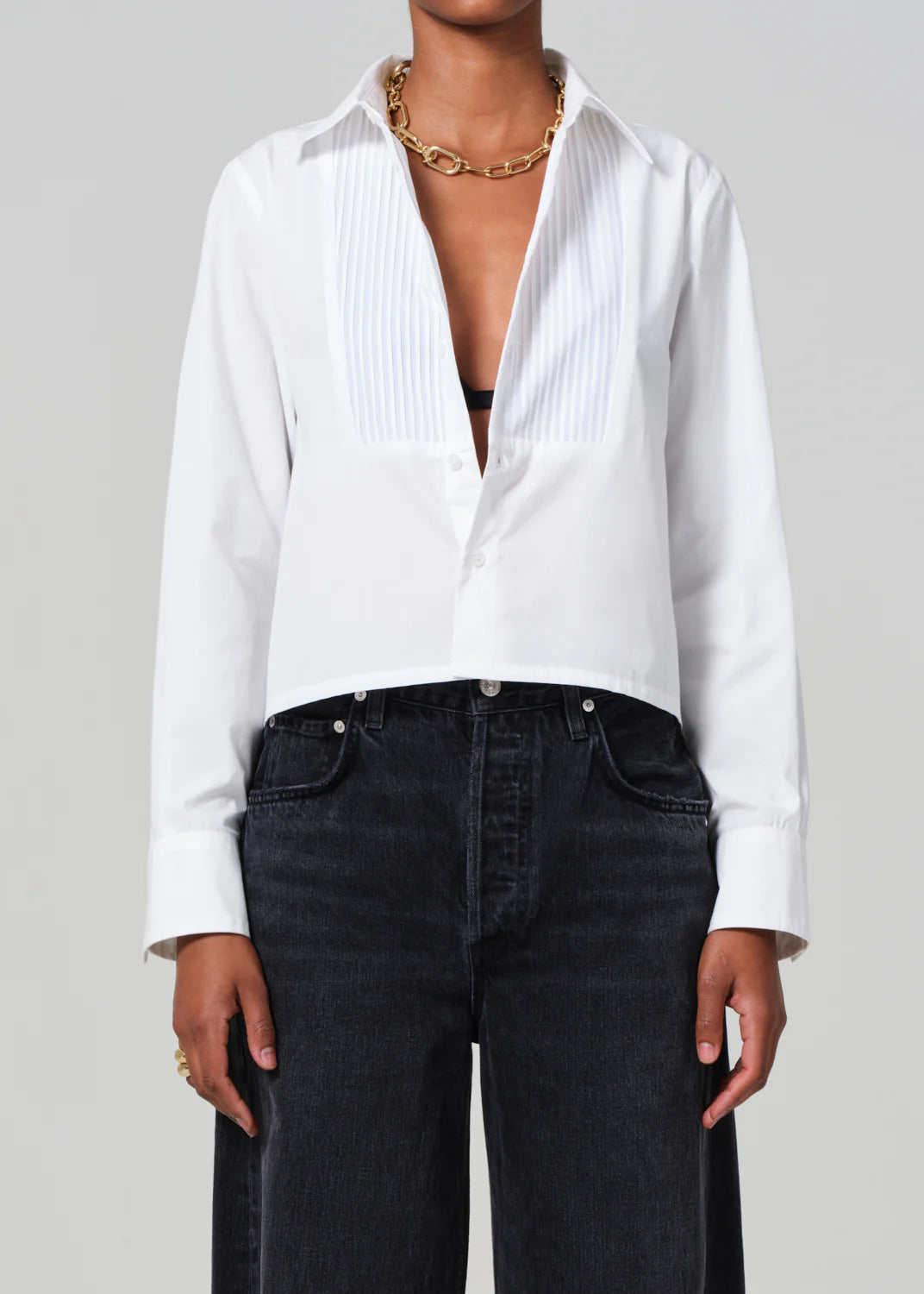 Close-up of Fino Boxy Cropped Tuxedo Shirt in White, emphasizing the soft fabric texture and stylish collar design.