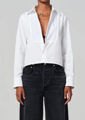 Close-up of Fino Boxy Cropped Tuxedo Shirt in White, emphasizing the soft fabric texture and stylish collar design.