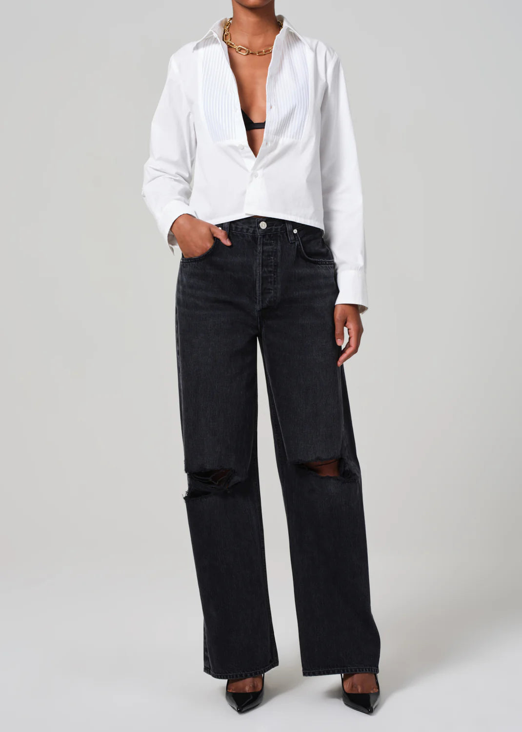 Fino Boxy Cropped Tuxedo Shirt in White, highlighting the classic boxy fit and 100% cotton composition.