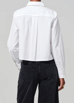 Back view of the Fino Boxy Cropped Tuxedo Shirt in White, showing off its clean lines and sophisticated style.