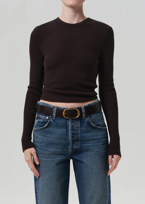 Side view of the Pilar Waffle Crewneck in Chocolate, highlighting the comfortable fit and soft waffle texture.