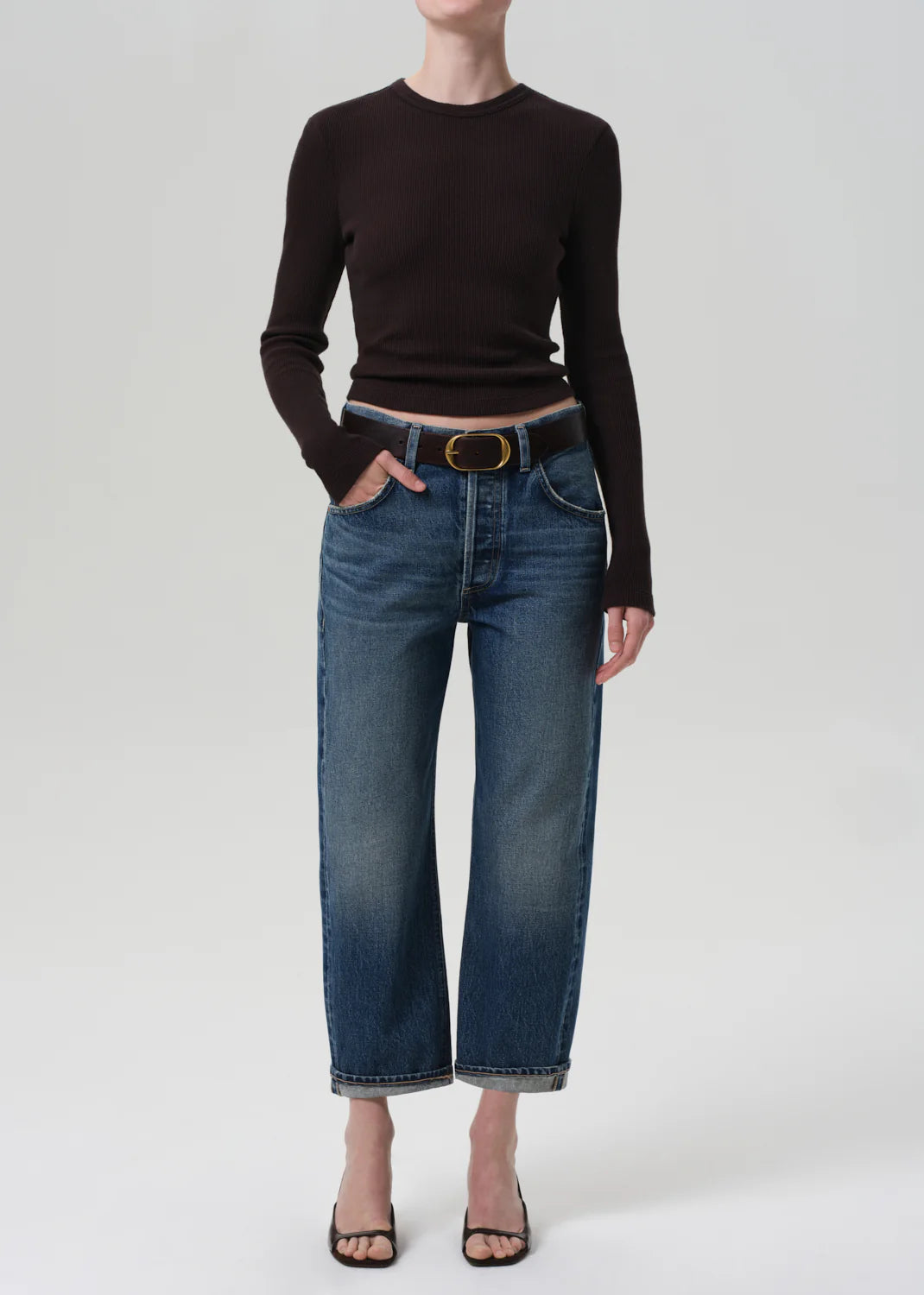 Front view of the Pilar Waffle Crewneck in Chocolate, made from 100% regenerative cotton, perfect for casual wear.