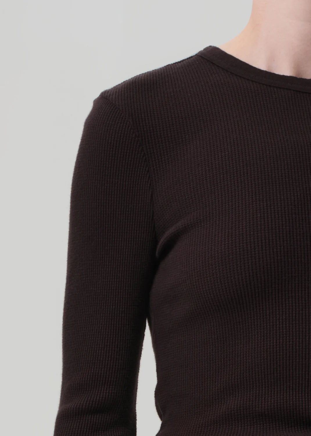 Back view of the Pilar Waffle Crewneck in Chocolate, showcasing a classic design perfect for casual dressing.