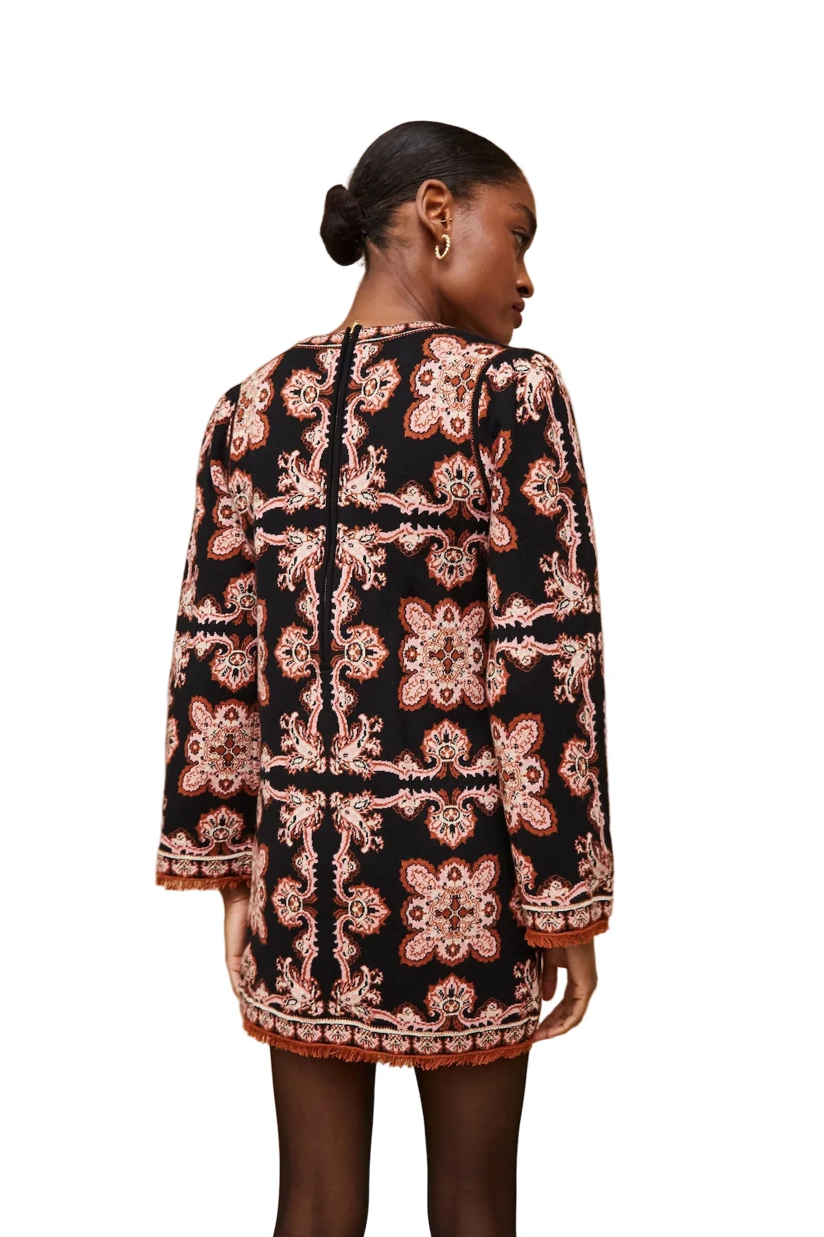 Full view of the Fritz Dress in Black Paisley by Cara Cara, perfect for stylish fall outings, featuring a mini length and chic design.