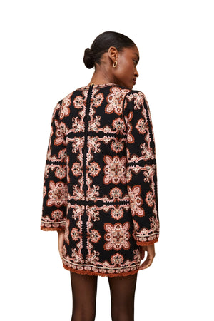 Full view of the Fritz Dress in Black Paisley by Cara Cara, perfect for stylish fall outings, featuring a mini length and chic design.