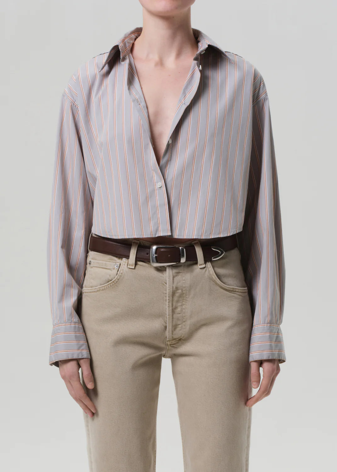 The Ana Shirt in Noble Stripe displayed on a hanger, highlighting its lightweight cotton fabric.
