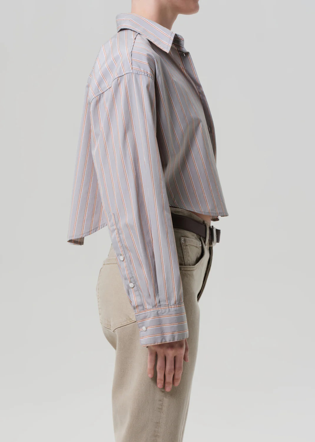 Casual styling of the Citizens of Humanity Ana Shirt in Noble Stripe layered over a fitted tank.