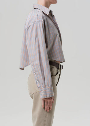 Casual styling of the Citizens of Humanity Ana Shirt in Noble Stripe layered over a fitted tank.