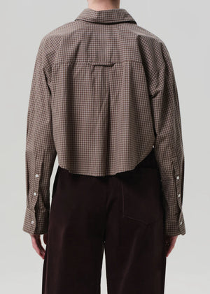 Detail shot of the Ana Cropped Shirt in Heritage Plaid fabric, illustrating the soft and lightweight texture.