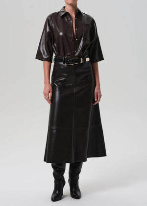 Close-up view of the Frances Cropped Cape Button Up in Brown, highlighting the buttery recycled leather texture.