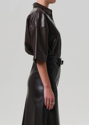 Frances Cropped Cape Button Up in Brown styled with high-rise denim for a modern look.