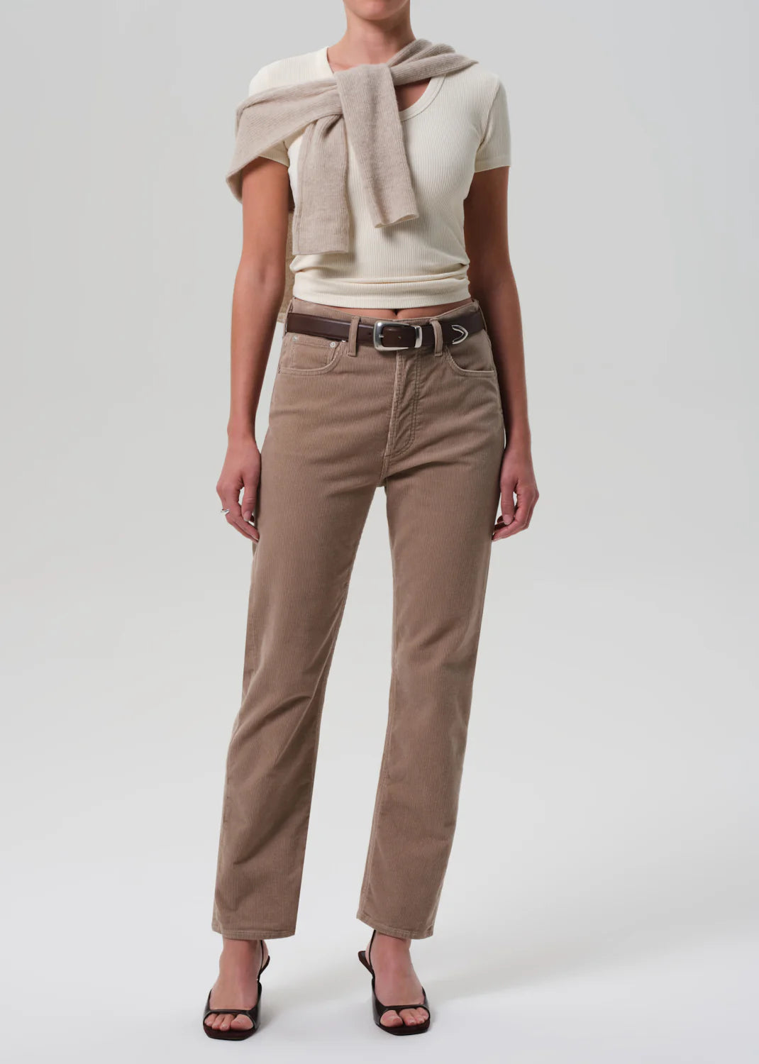 Close-up of Citizens of Humanity Maude Tee in Pashmina, highlighting the ribbed cotton texture and short sleeves.