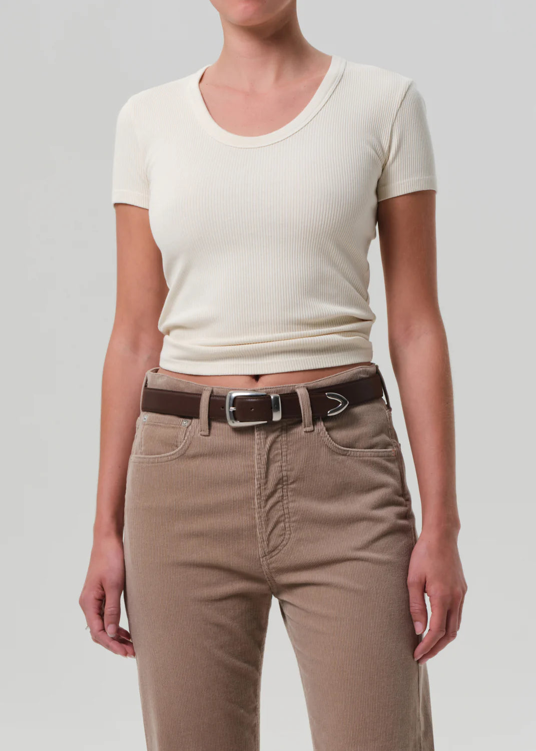 Lifestyle shot of the Citizens of Humanity Maude Tee in Pashmina styled with relaxed denim.