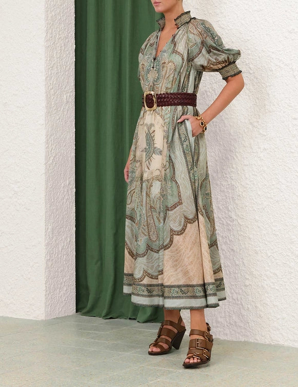 Flat lay of Wanderlust Billow Dress in Tapestry Teal Multi showcasing the silk fabric and color details.