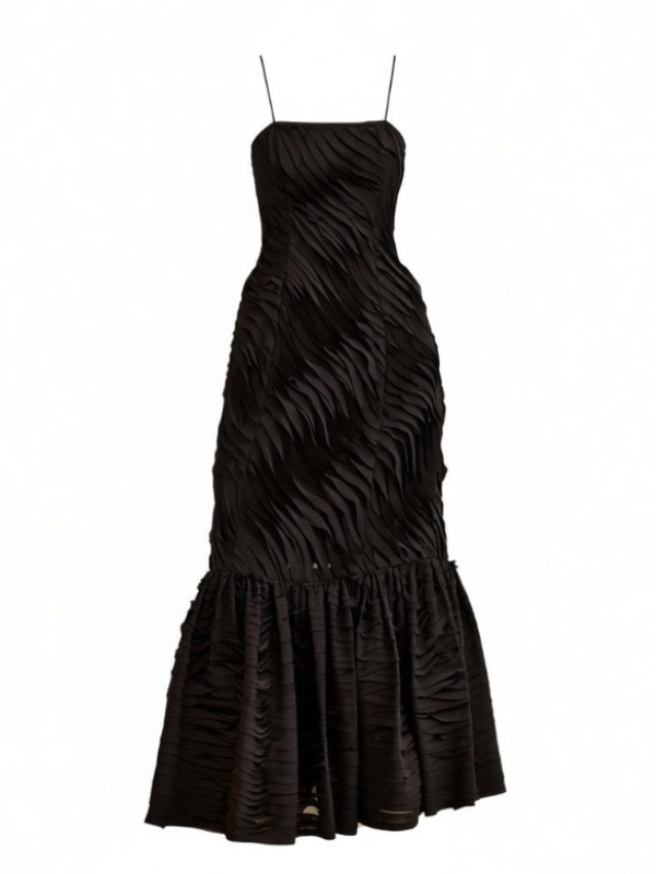 Augustina Cami Long Trumpet Dress in Noir showcases elegant wavy motifs of raw chiffon fabric.