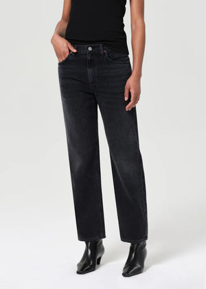 Side view of Valen Jean in Hitch with an ankle-grazing inseam, made from 100% organic cotton.