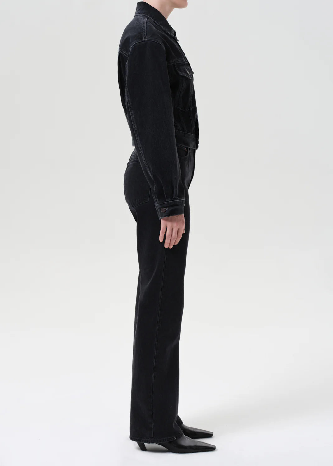 Back view of Leena Jean in Forecast, featuring the structured fit and unique fabric blend of organic and recycled fibers.