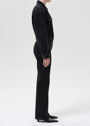 Back view of Leena Jean in Forecast, featuring the structured fit and unique fabric blend of organic and recycled fibers.