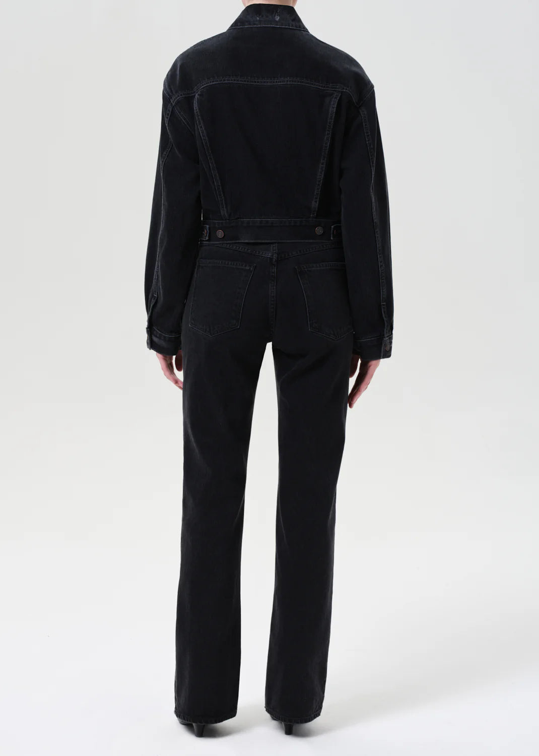 Close-up detail of Leena Jean in Forecast by Agolde, emphasizing the zipper fly closure and soft yet rigid denim texture.