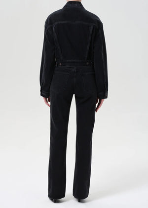 Close-up detail of Leena Jean in Forecast by Agolde, emphasizing the zipper fly closure and soft yet rigid denim texture.
