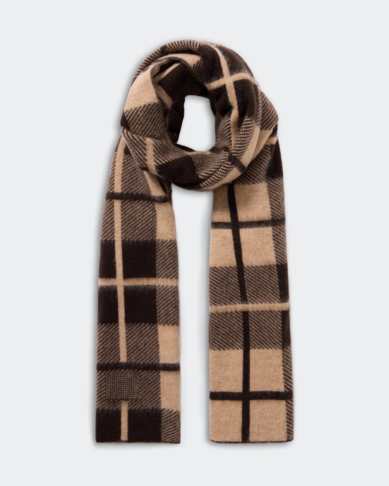 Fashion shot of the Plaid Big Scarf in Burnt Cocoa/Dune, showcasing its stylish design and cozy feel.