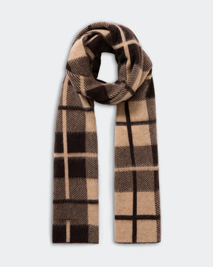 Fashion shot of the Plaid Big Scarf in Burnt Cocoa/Dune, showcasing its stylish design and cozy feel.