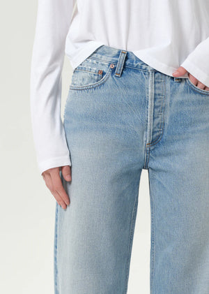Full view of Agolde's Arc Jean in Orten, displaying the comfortable fit and 100% regenerative cotton.