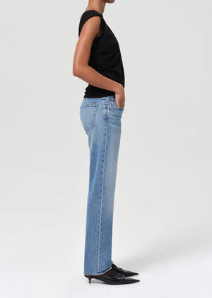 Side view of Agolde Low Rise Slim Stretch jeans in Kindle, highlighting the comfortable stretch denim and low-slung waist design.