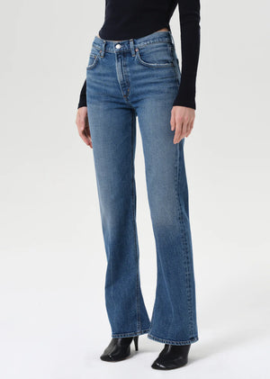 Detail shot of the fabric on Agolde Kick Boot Jean in Curve, made from comfort stretch regenerative cotton.