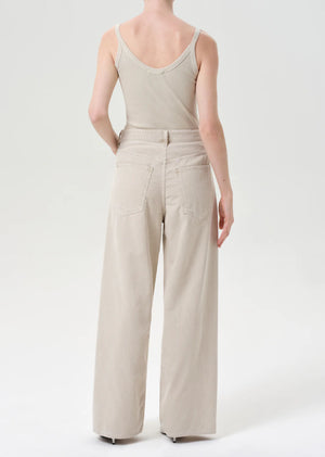 Front view of the Agolde Vana Fold Corduroy in Rice Grass featuring zipper fly and mid-rise design.