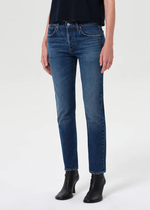 Close-up of the fading and marbling details on the Cocktail Ankle Jean in Outline.