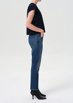 Detail of the Cocktail Ankle Jean in Outline, highlighting the comfort-stretch regenerative cotton and button fly closure.