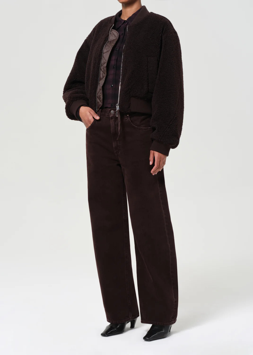 Close-up view of the Iona Skye Jacket in Chocolate highlighting the texture of the soft faux shearling.