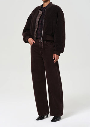 Close-up view of the Iona Skye Jacket in Chocolate highlighting the texture of the soft faux shearling.