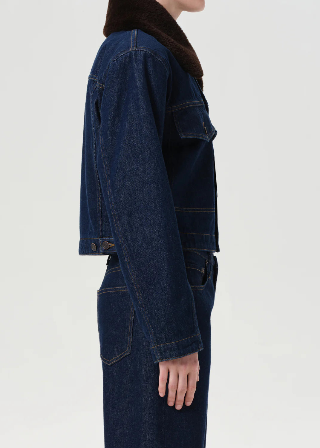 Agolde Walker Jacket with Fur in Rinse worn casually, styled with denim for a polished everyday outfit.
