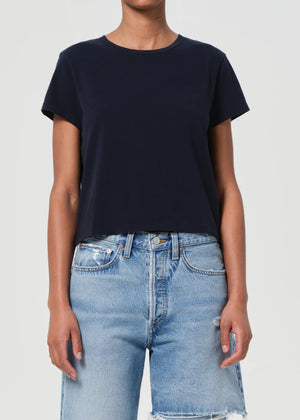 Close-up of the Adine Tee in Storm, highlighting its ultra-soft fabric and flattering fit.