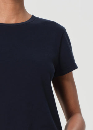 Adine Tee in Storm styled with low-rise jeans, ideal for a timeless look.