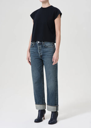 Close-up of the Bryce Cap Sleeve Tee in Storm fabric, highlighting the breathable, ultra-soft cotton texture.