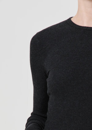 Flat lay of Delphi Slim Tee in Katniss on a neutral backdrop, featuring its ribbed texture and stylish color.