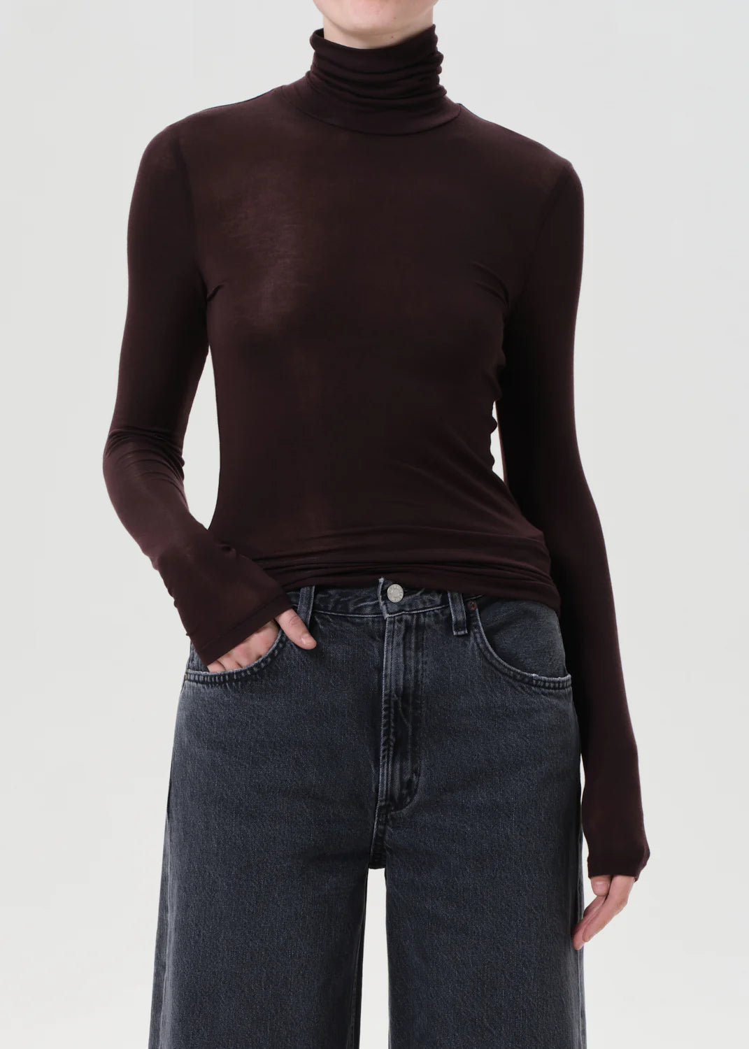 Close-up view of the Pascale Turtleneck in Root by Agolde, featuring soft fabric for comfort.