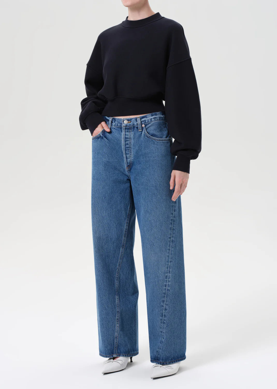 Close-up of the Kit Sweatshirt in Mirage, showcasing the soft cotton fleece and modern design by Agolde.