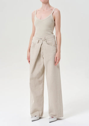 Close-up view of Agolde's Jordan Tank in Rice Grass, highlighting its ribbed fabric texture.
