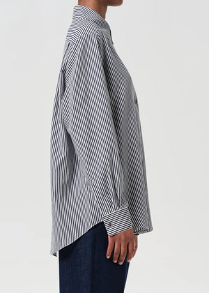 Back view of the Agolde Aris Shirt in Solene Stripe, highlighting the relaxed fit and draping.