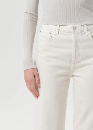 Detail shot of Agolde Ren Jean in Brown Rice showing the leg opening and the quality craftsmanship of the denim.