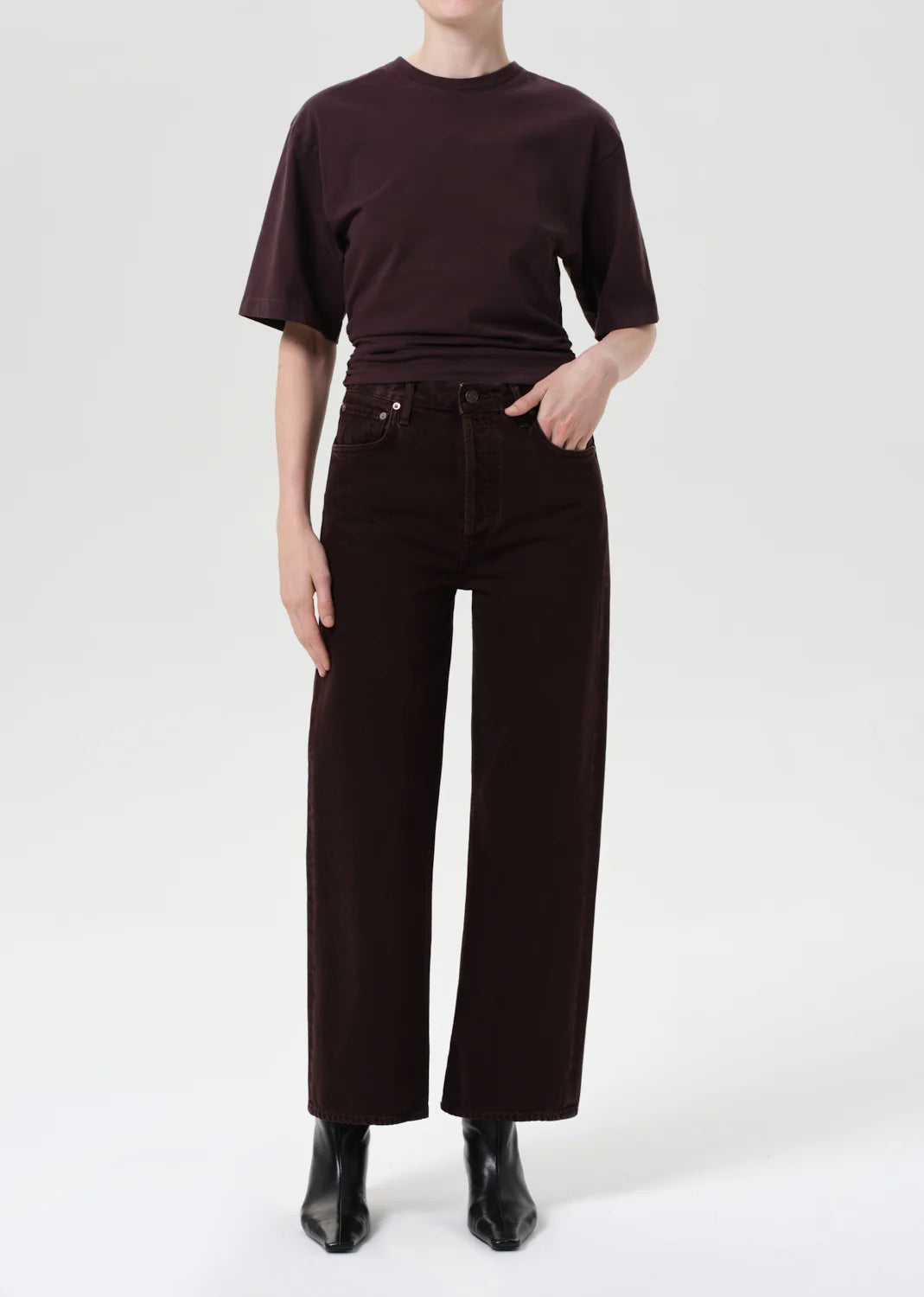 Close-up of the Ren Jen in Sloe Berry fabric, showcasing the 100% regenerative cotton and subtle marbling.